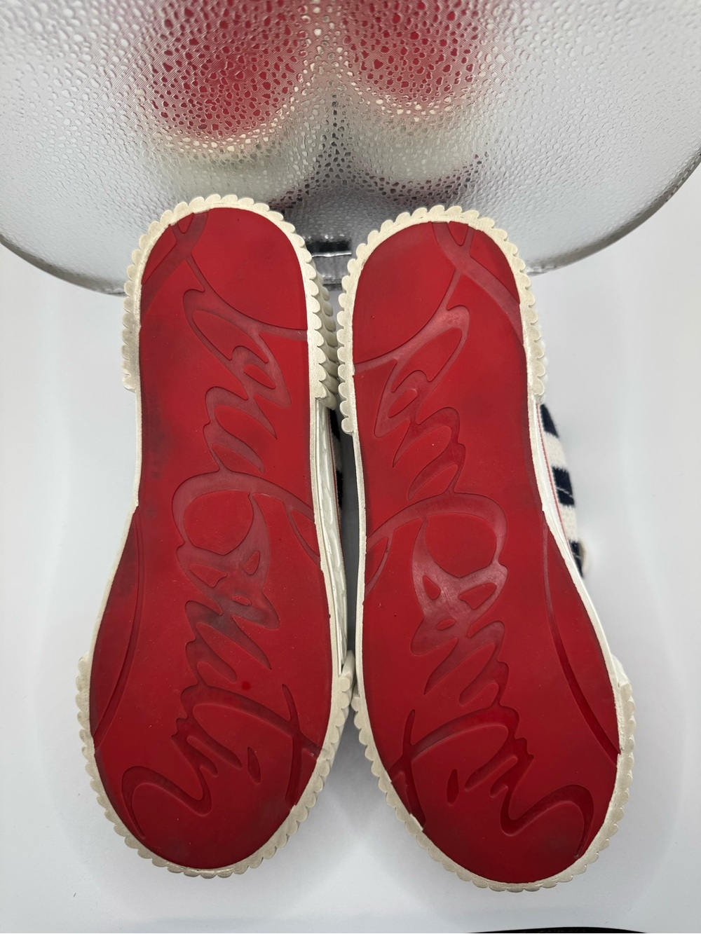 Christian Louboutin Navy & White Striped Low-Top Sneakers with Red Trim - Picture 8 of 15
